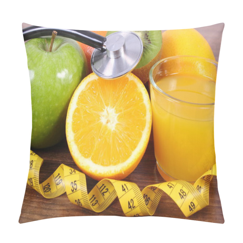 Personality  Stethoscope, Fresh Fruits, Juice And Centimeter, Healthy Lifestyles And Nutrition Pillow Covers