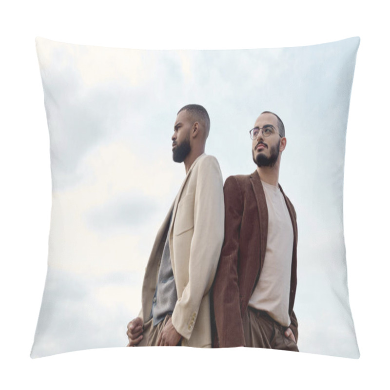 Personality  Two Handsome Men Showcase Autumn Fashion While Enjoying The Serene Beauty Of Nature In A Sunny Field. Pillow Covers