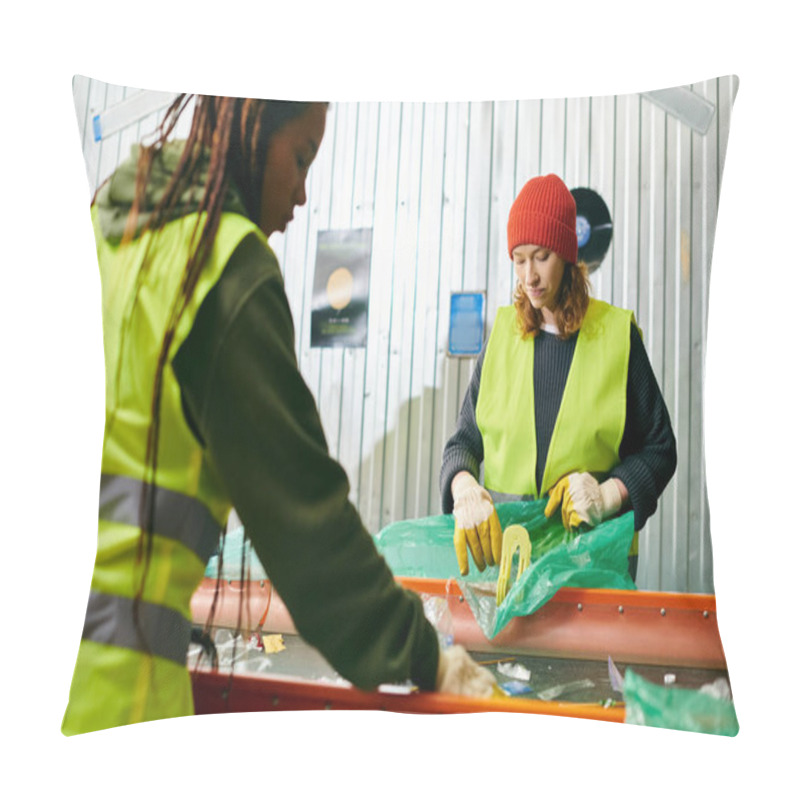 Personality  Two Young Women In Yellow And Green Vests, Sorting Trash Together As Eco-conscious Volunteers. Pillow Covers