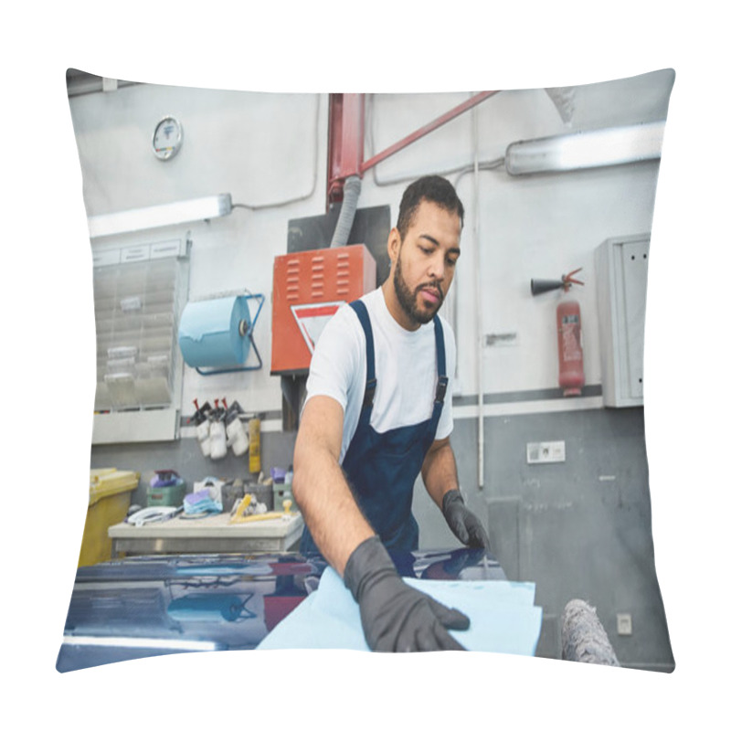 Personality  Passionate Young Mechanic Works Hard To Restore A Cars Shine In A Busy Workshop Environment. Pillow Covers