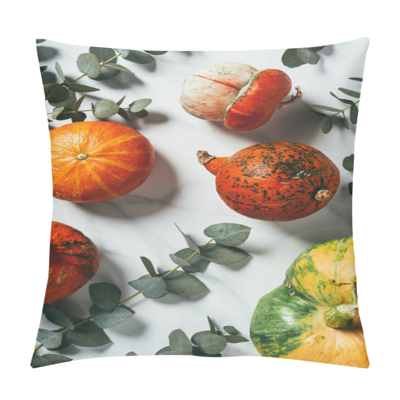 Personality  Top View Of Organic Pumpkins And Eucalyptus Leaves On White Background Pillow Covers