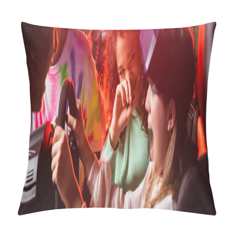 Personality  Multiethnic Teens Laughing Near Scared Girl In Car Simulator, Banner Pillow Covers