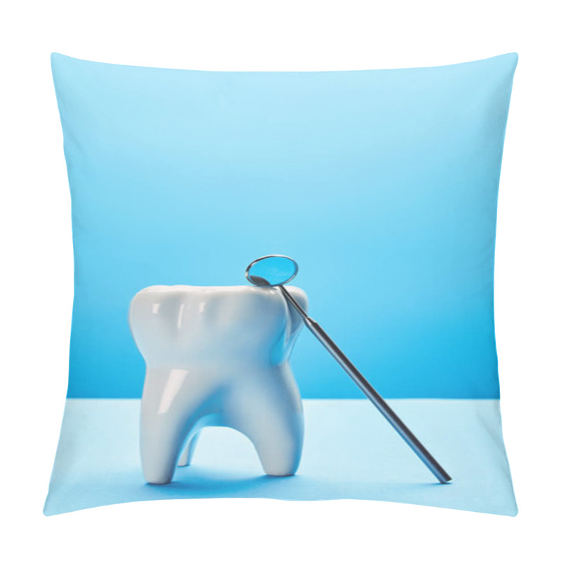 Personality  Close Up View Of Tooth Model And Dental Mouth Mirror On Blue Backdrop Pillow Covers