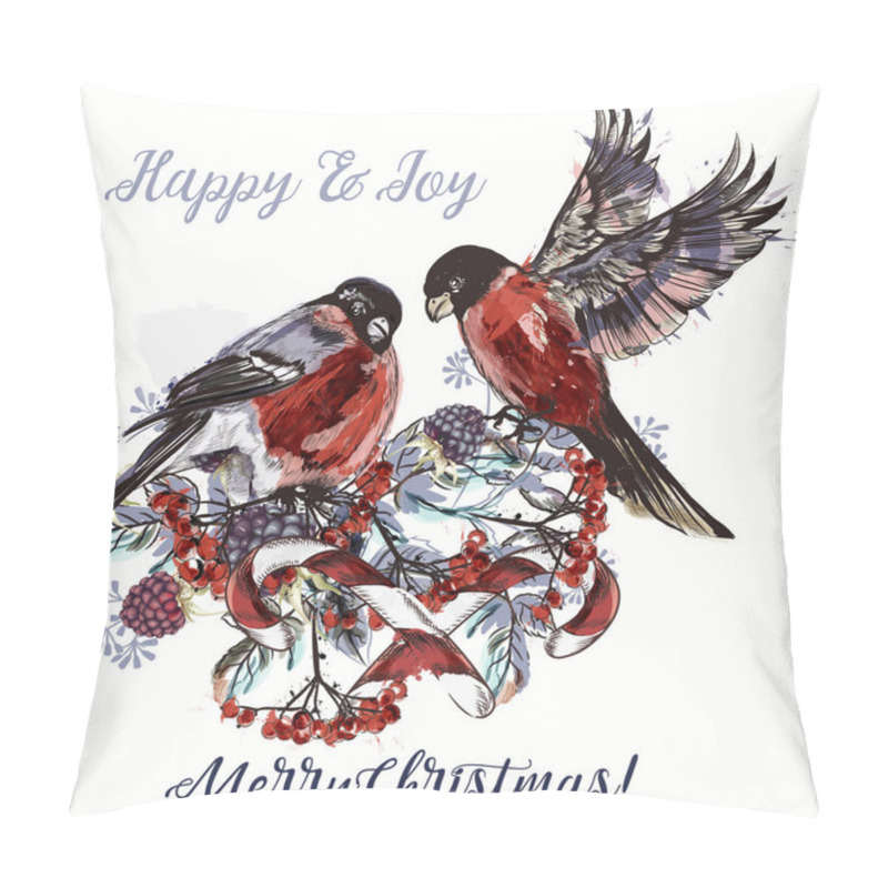 Personality  Christmas Greeting Card With Rowan, Berries And Birds Pillow Covers