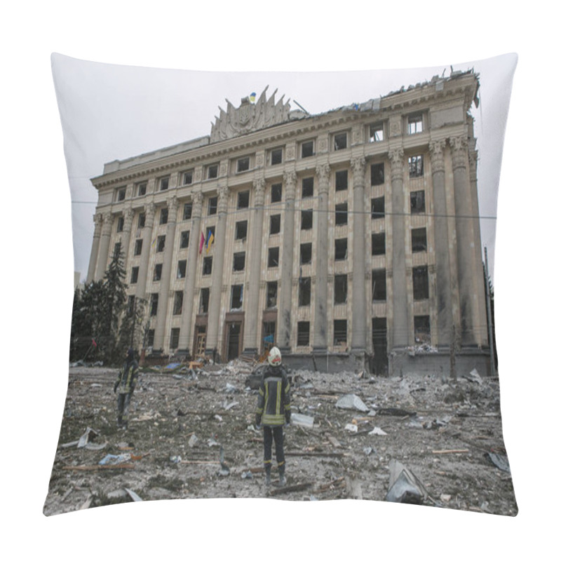 Personality  UKRAINE, KHARKIV, 01 MARCH 2022: View Of The Ruined City Center Of Kharkiv. Russia's Invasion Of Ukraine. Pillow Covers