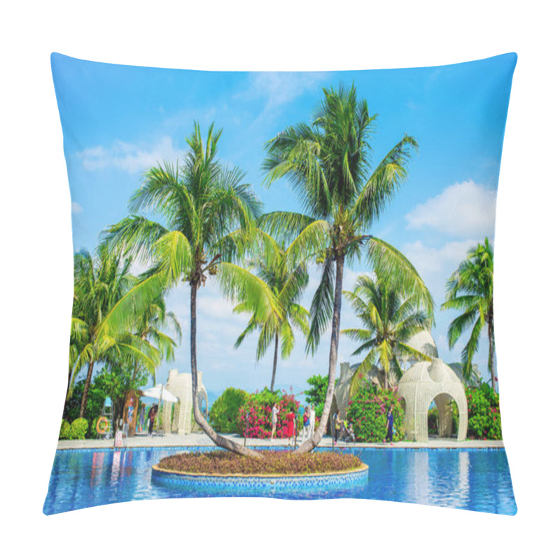 Personality  Beautiful View Of The Pool And Stunning Palm Trees In Wuzhizhou Island. Tropical Island For Relax And Water Activities. Haitang Bay. Hainan Island, Sanya City. Pillow Covers