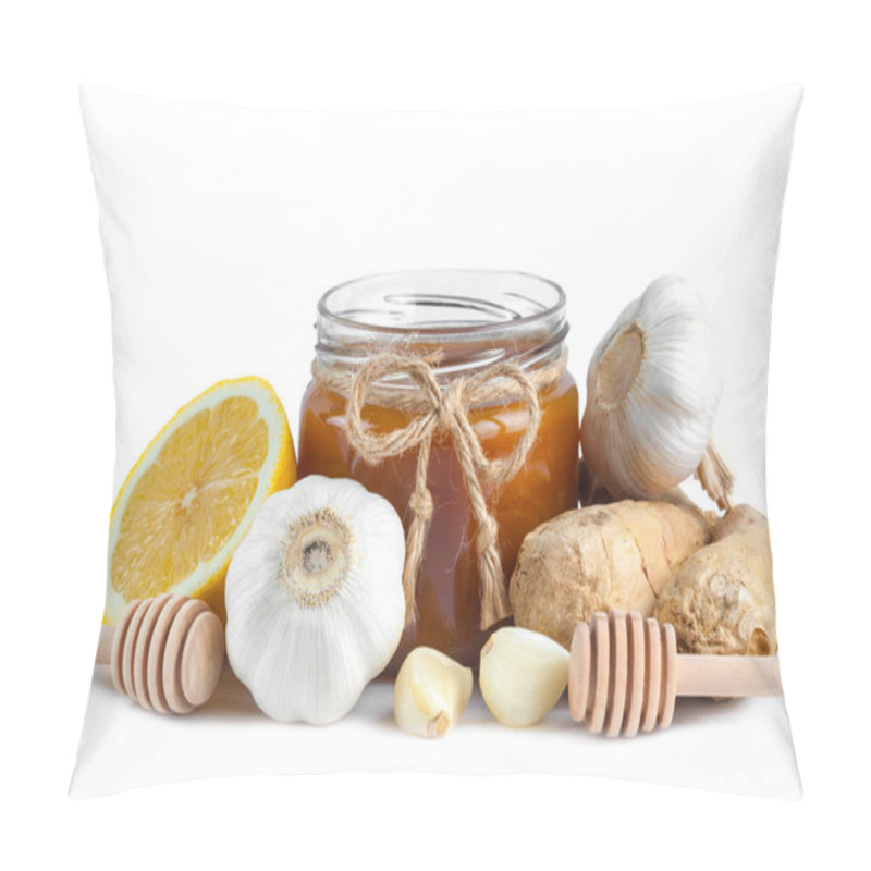 Personality  Isolated. Garlic, A Honey Jar, Ginger,  Lemon And Honey Spoons On A White Background. Maintenance Of Immunity. Treatment Of Colds And Flu. Products For Immunity. Immunity Concept.  Pillow Covers