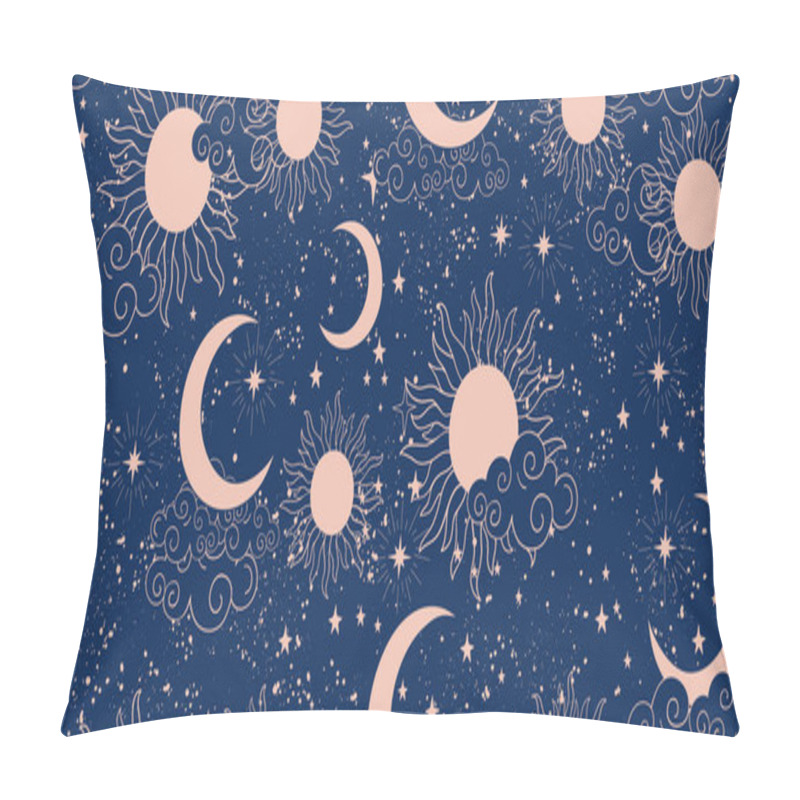 Personality  Seamless Blue Space Pattern With Sun, Crescent And Stars On A Blue Background. Mystical Ornament Of The Night Sky For Wallpaper, Fabric, Astrology, Fortune Telling. Vector Illustration. Pillow Covers