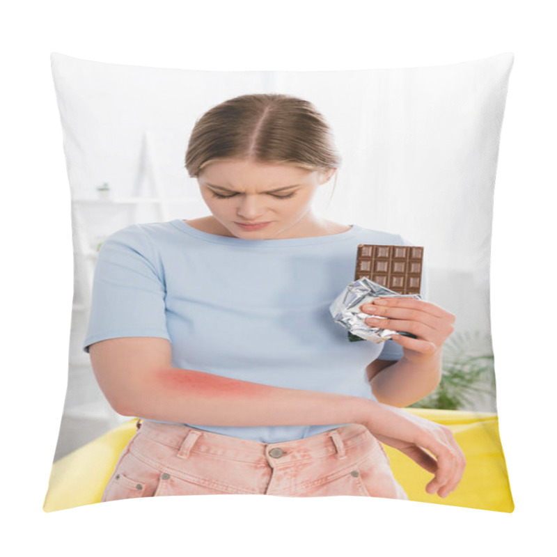 Personality  Woman With Allergy Redness Holding Chocolate Bar  Pillow Covers