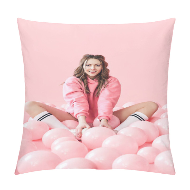 Personality  Pretty Smiling Woman Sitting On Floor With Lots Of Pink Balloons On Pink Background Pillow Covers