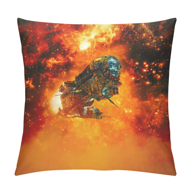 Personality  Fire In The Sky / 3D Illustration Of Science Fiction Scene With Heavy Armoured Battle Cruiser Spaceship Flying In Fiery Galaxy Pillow Covers