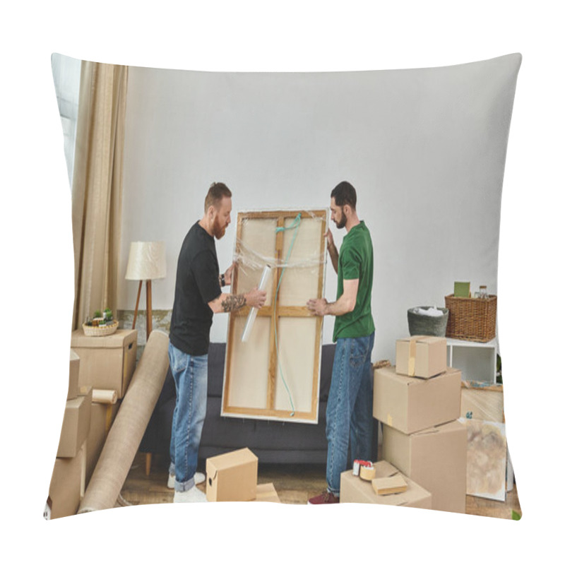 Personality  Two Men Lovingly Unpack Furniture In A Cozy Living Room Filled With Boxes, Beginning Their New Life Together. Pillow Covers