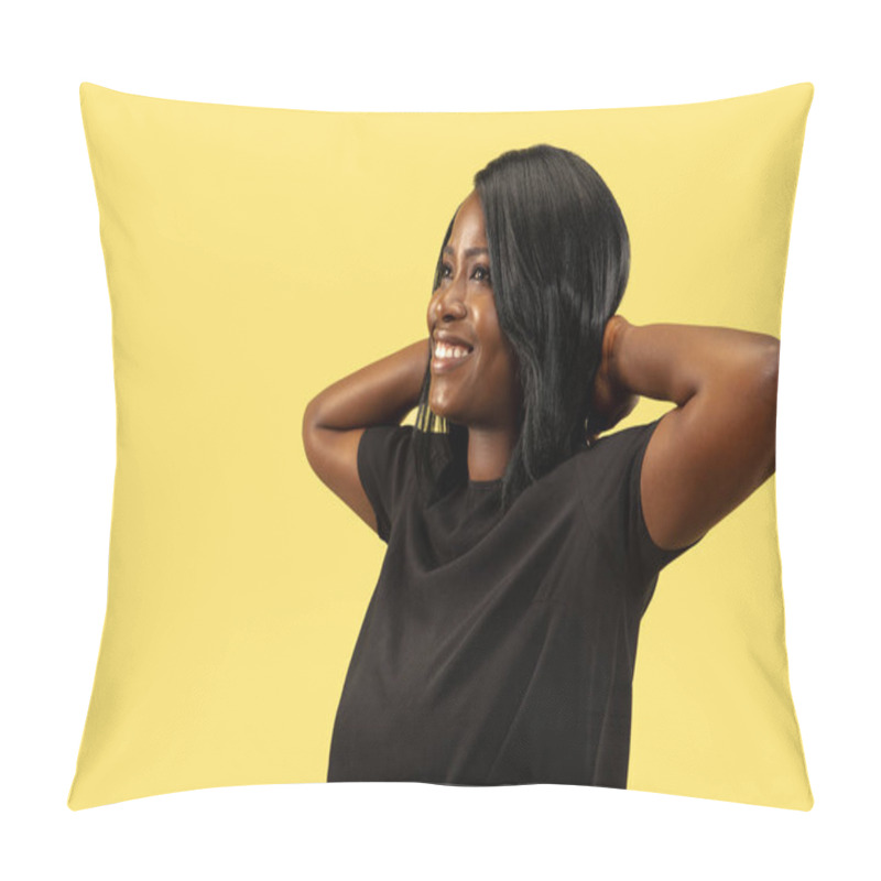 Personality  Young African Woman Isolated On Yellow Studio Background, Facial Expression Pillow Covers