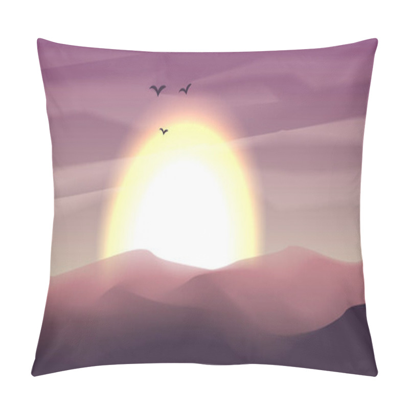 Personality  Desert Panoramic Landscape With Dunes And Sunset, Sundown In Blue And Magenta Colors. Calm Desert Background, Dune And Hills. Game Deserts Scene With Big Sun And Clouds Pillow Covers