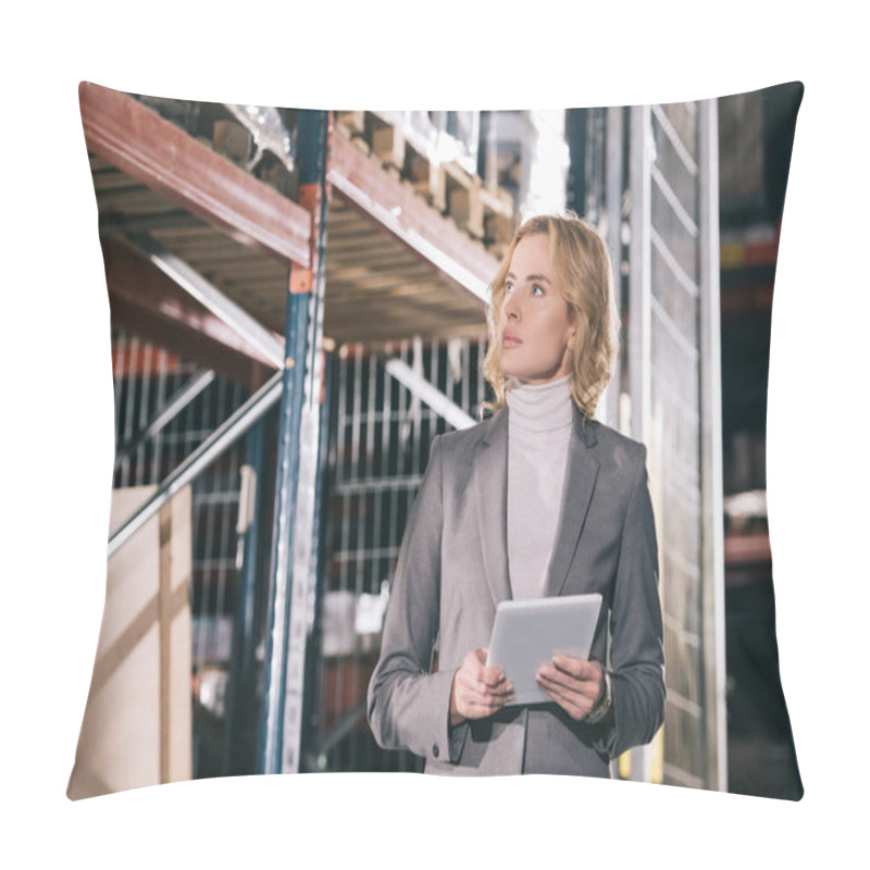 Personality  Confident Businesswoman Holding Digital Tablet While Looking Away In Warehouse Pillow Covers