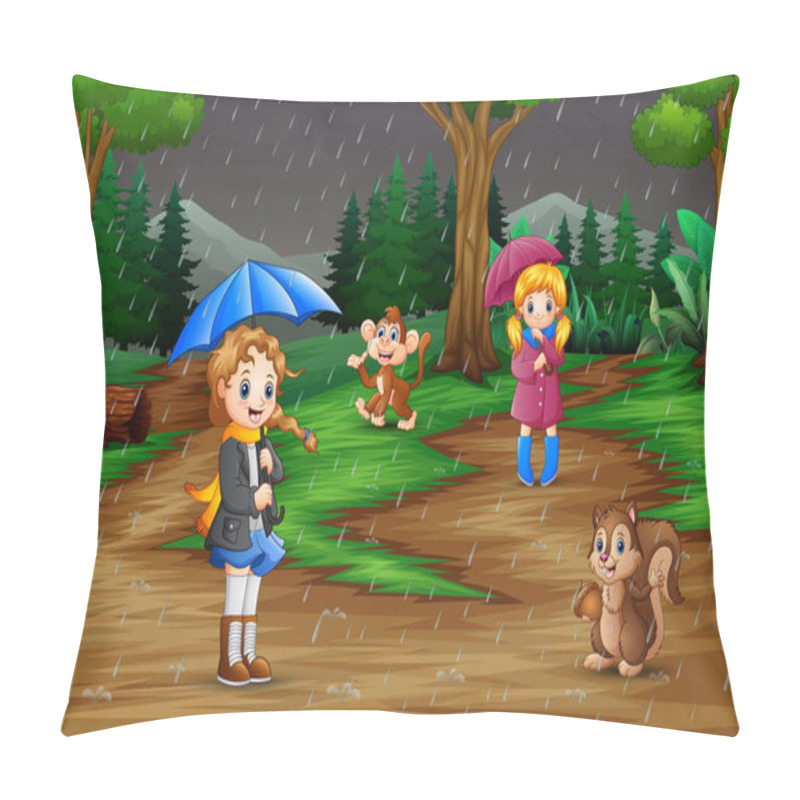 Personality  Cartoon Two Girl Playing With Animals Under The Rain Pillow Covers