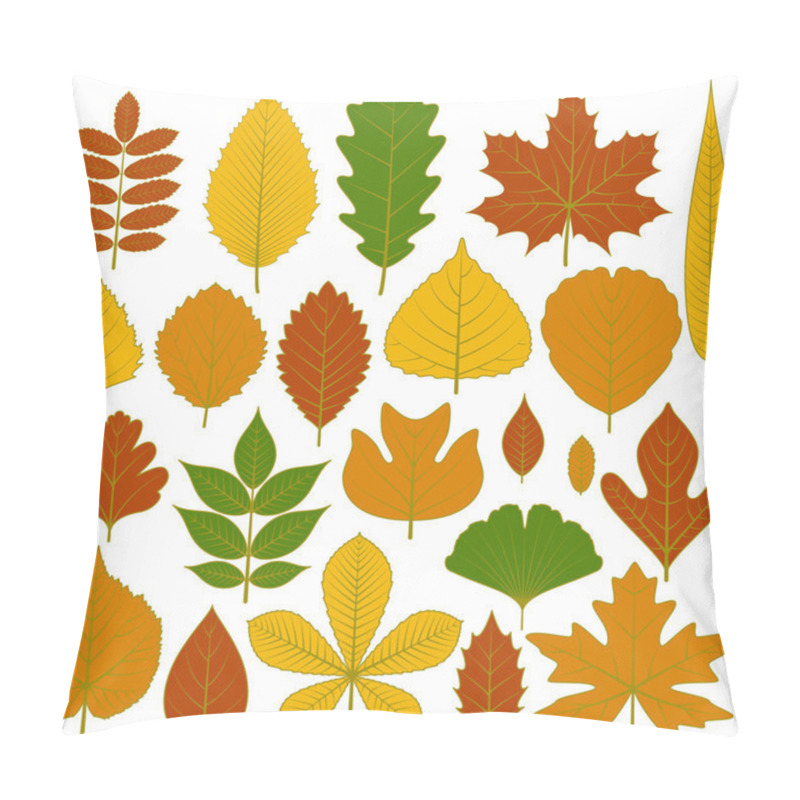 Personality  Set Of Tree Leaves. Twenty Different Icons. Various Elements For Design. Cartoon Vector Illustration. Autumn Colors, Green, Orange, Yellow, Red. Pillow Covers