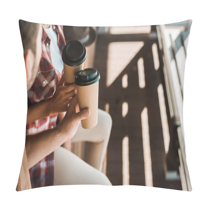 Personality  Cropped Image Man And Woman Clinking With Coffee In Paper Cups At Ranch Pillow Covers