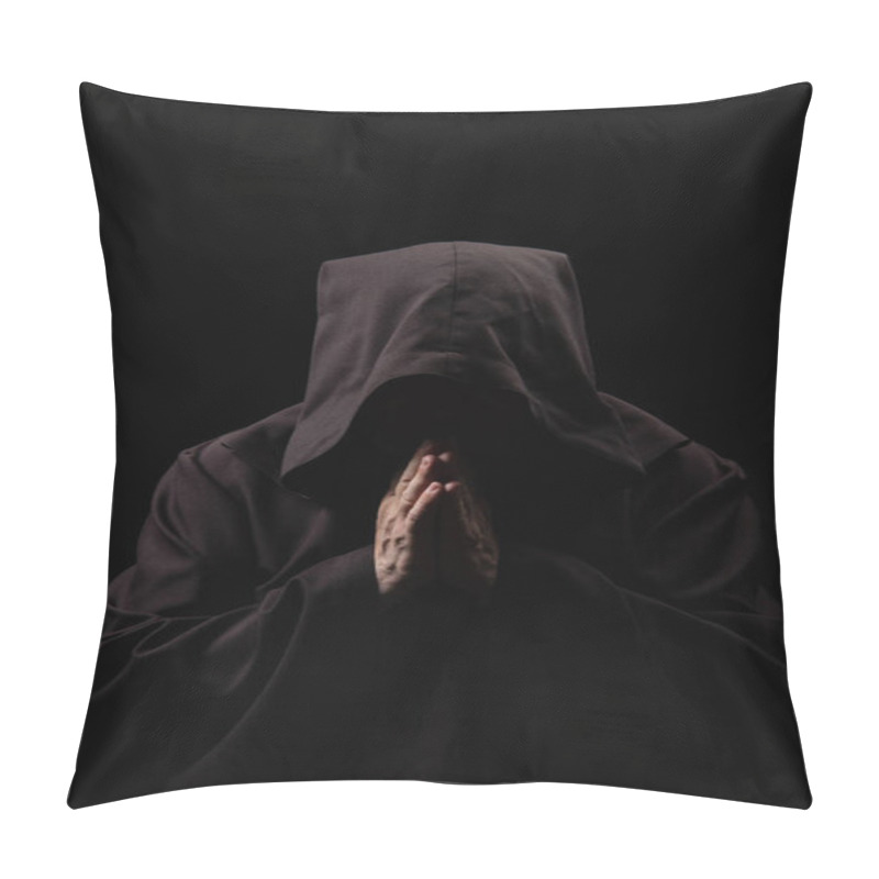 Personality  Monk In Hooded Robe With Praying Hands And Obscured Face Isolated On Black Pillow Covers