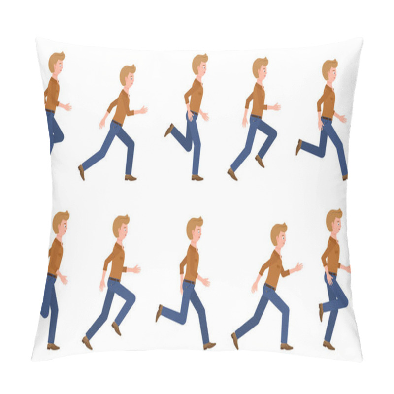 Personality  Young, Adult Man Wearing Jeans Running Sequence Poses Vector Illustration. Fast Moving Forward, Hurry, Rush Male Person Cartoon Character Set On White Pillow Covers