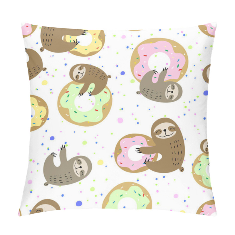 Personality  Seamless Pattern. Cute Sloth With Sweet Doughnuts. Sweet Tooth. Vector. Pillow Covers