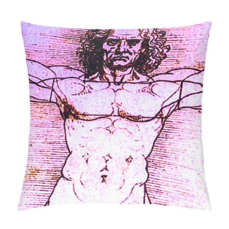 Personality  Tel Aviv, Israel - March 6, 2019: Detail Of Copy Of Leonardo Da Vinci's Drawing Of Vitruvian Man At The Exhibition Of Leonardo Da Vinci - 500 Years Old. The First Start-up Man. Pillow Covers