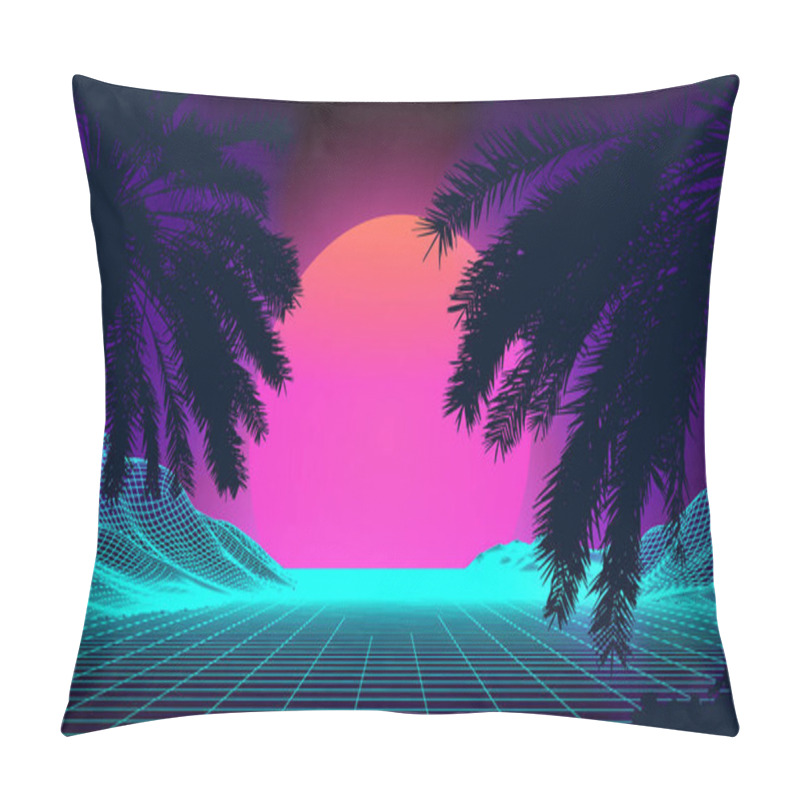 Personality  3d Sunset On The Beach. Retro Palms Vector Sci Fi Background. Digital Landscape Cyber Surface. Pillow Covers