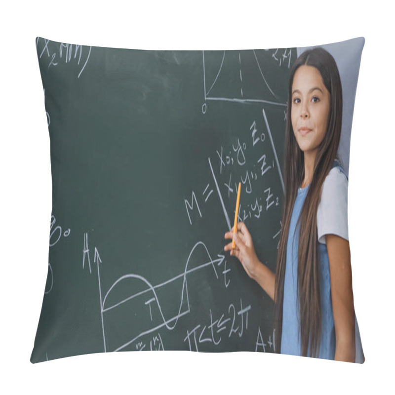 Personality  Child Holding Pen While Showing Mathematical Formulas On Chalkboard  Pillow Covers