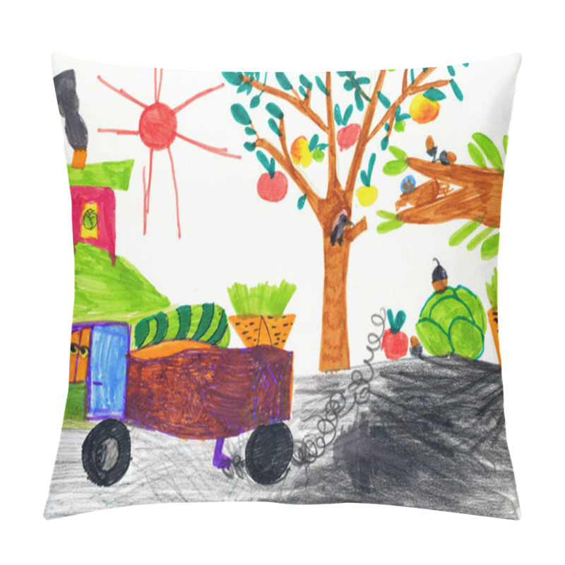 Personality  Children's Drawing. Harvesting In The Village Pillow Covers