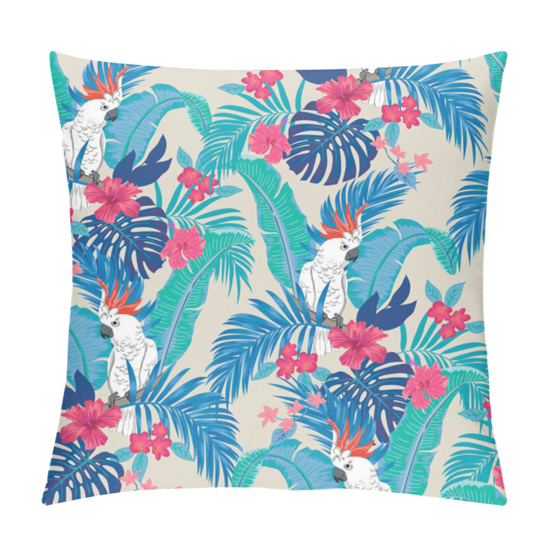 Personality  Vector Seamless Botanical Tropical Pattern With Parrots And Flowers. Floral Exotic Background Design With Banana Leaf, Areca Palm Leaves, Monstera Leaves, Hibiscus Flowers, Frangipani. Pillow Covers