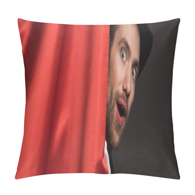 Personality  Panoramic Shot Of Shocked Handsome Magician In Suit And Hat In Circus With Red Curtains Pillow Covers