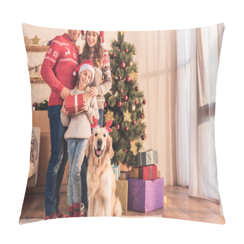 Personality  Happy Family In Santa Hats With Golden Retriever Dog In Deer Horns Posing At Home Near Christmas Tree With Presents Pillow Covers