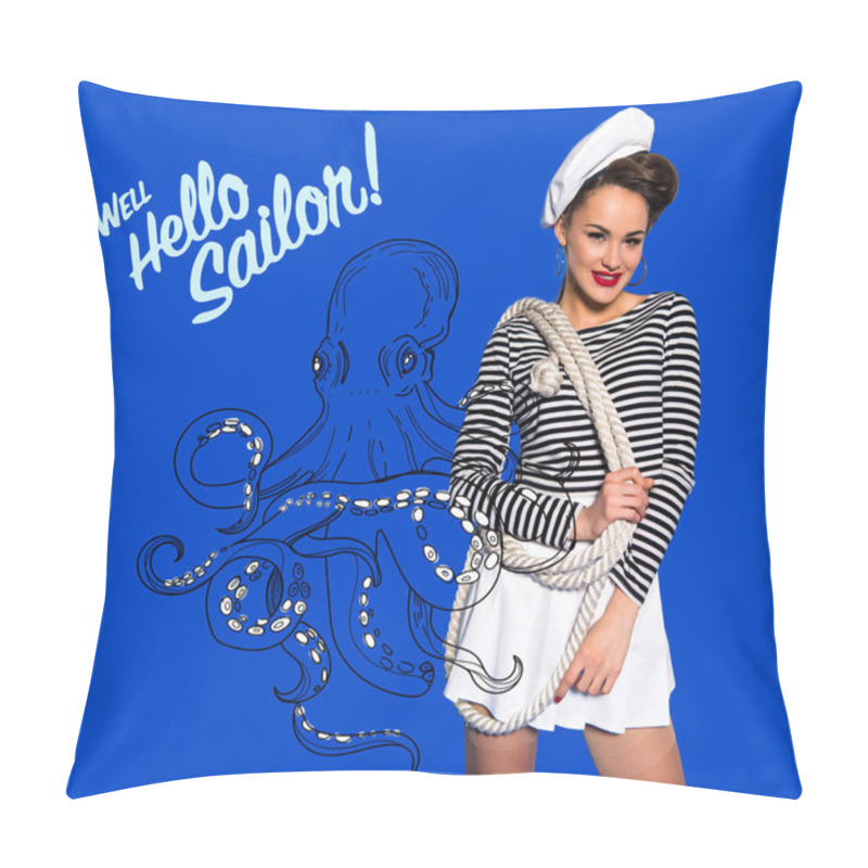 Personality  Smiling Beautiful Young Woman In Sailor Shirt With Rope, Octopus Drawing And Well Hello Sailor Inscription Isolated On Blue Pillow Covers