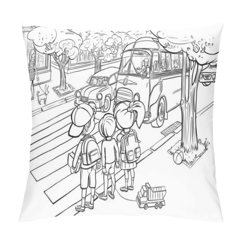 Personality  Children With Backpacks Cross The Roadway On A Pedestrian Crossing, Summer Street, Digital Illustration For Coloring Pillow Covers