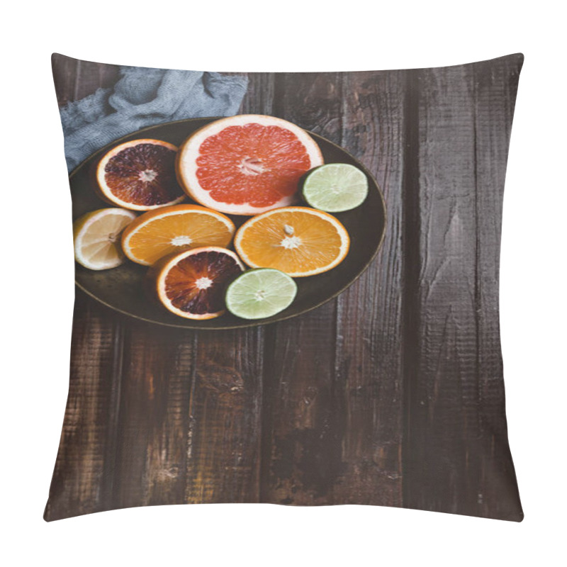 Personality  Top View Of Halfs Of Orange, Grapefruit, Lime, Blood Orange And Lemon In Plate And Kitchen Towel On Wooden Table Pillow Covers