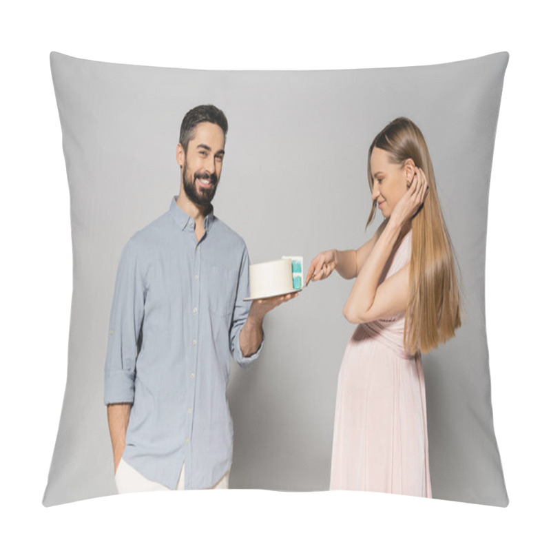 Personality  Positive And Bearded Man Holding Cake Near Elegant Pregnant Wife In Pink Dress During Gender Party On Grey Background, Expecting Parents Concept, Gender Party, It`s A Boy, Cutting Cake  Pillow Covers