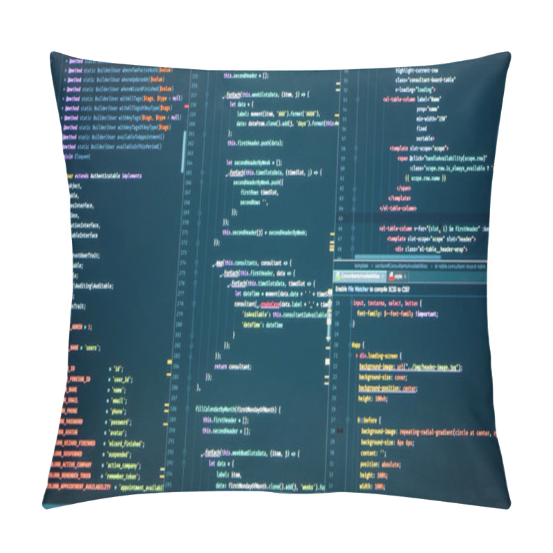 Personality  Programming With HTML, PHP And Javascript. Backend Source Code On Monitor Pillow Covers