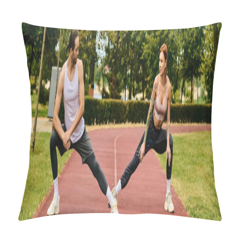 Personality  A Woman In Sportswear, Guided By Their Personal Trainer, Display Determination And Motivation While Practicing Outdoors In A Serene Park Setting. Pillow Covers