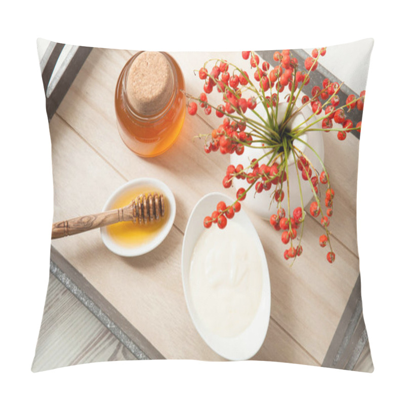 Personality  Fresh Honey And Natural Milk Yogurt Served In White Porcelain Dishware On A Wooden Tray And Decorated With Autumn Bouquet Pillow Covers