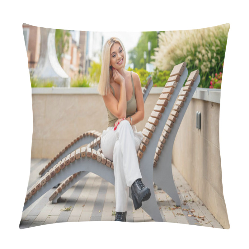 Personality  A Beautiful Young Woman Strolls Through Her Quaint Small Town, Basking In The Warmth Of Spring. Surrounded By Blooming Flowers And Fresh Air, She Radiates Joy, Enjoying The Peaceful Solitude. Pillow Covers