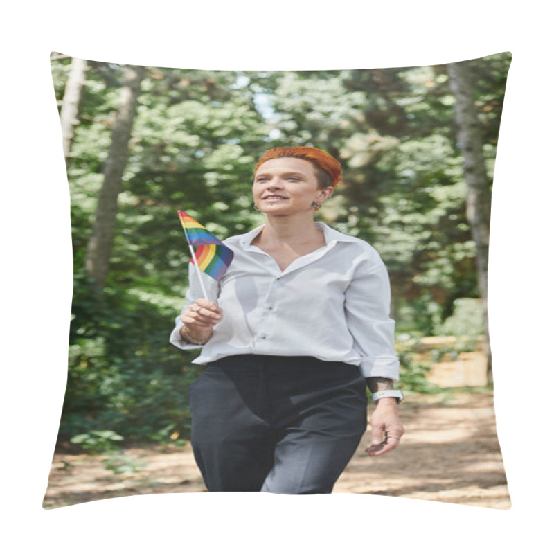 Personality  A Teacher In A White Shirt And Black Pants Walks Through A Wooded Campus, Holding A Rainbow Flag. Pillow Covers