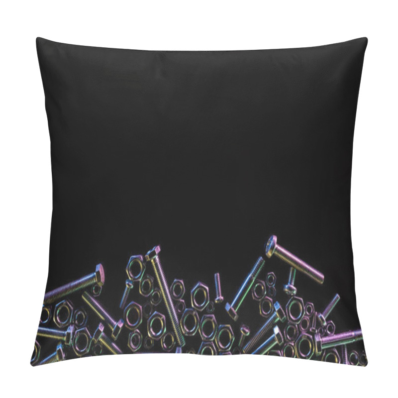 Personality  Top View Of Scattered Various Bolts And Nuts Isolated On Black With Copy Space Pillow Covers