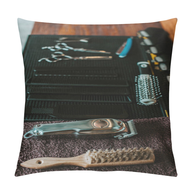 Personality  Selective Focus Of Hair Brushes Near Trimmer In Barbershop  Pillow Covers