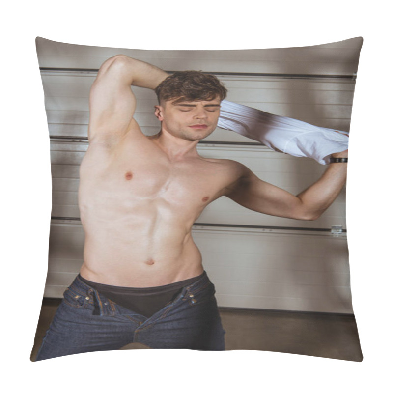 Personality  Sexy Muscular Man In Jeans Taking Off White T-shirt Pillow Covers