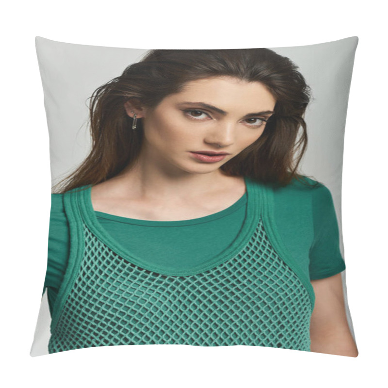 Personality  Young Woman In Emerald Green Mesh Top With Green T-shirt Poses For Portrait. Pillow Covers