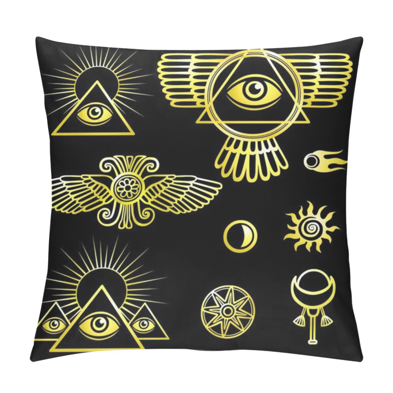 Personality  Set Of Esoteric Symbols: Wings, Pyramid, Eye, Moon, Sun, Comet, Star. The Isolated Golden Contour On A Black Background. Pillow Covers