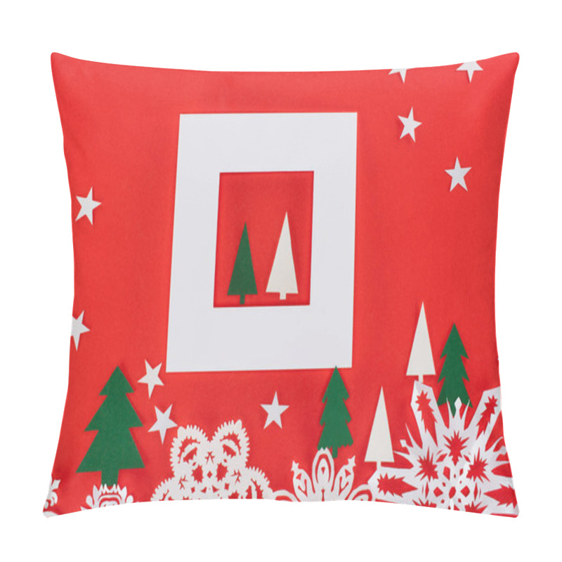 Personality  Christmas Trees In White Frame With Stars And Paper Snowflakes Around, Isolated On Red   Pillow Covers