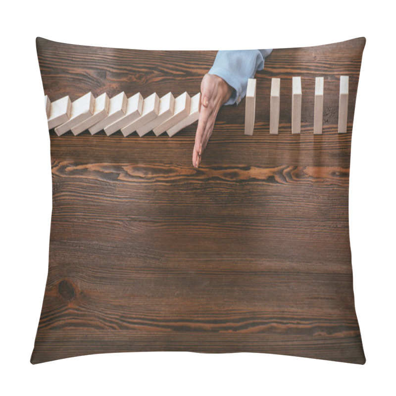 Personality  Cropped View Of Woman Sitting At Desk And Preventing Wooden Blocks From Falling With Copy Space Pillow Covers