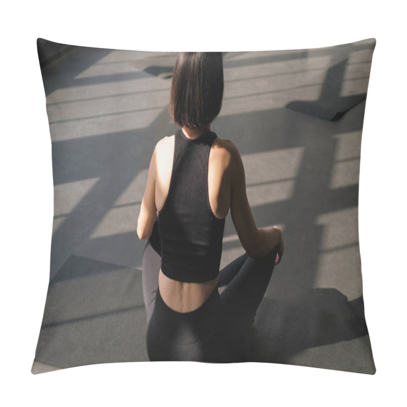 Personality  Mindful Yoga. Zen Practice. Unrecognizable Woman Sit Lotus Pose On Mat Enjoying Meditation Exercise Breath Gymnastic Energy Balance In Gym Fitness Studio Indoors. Pillow Covers