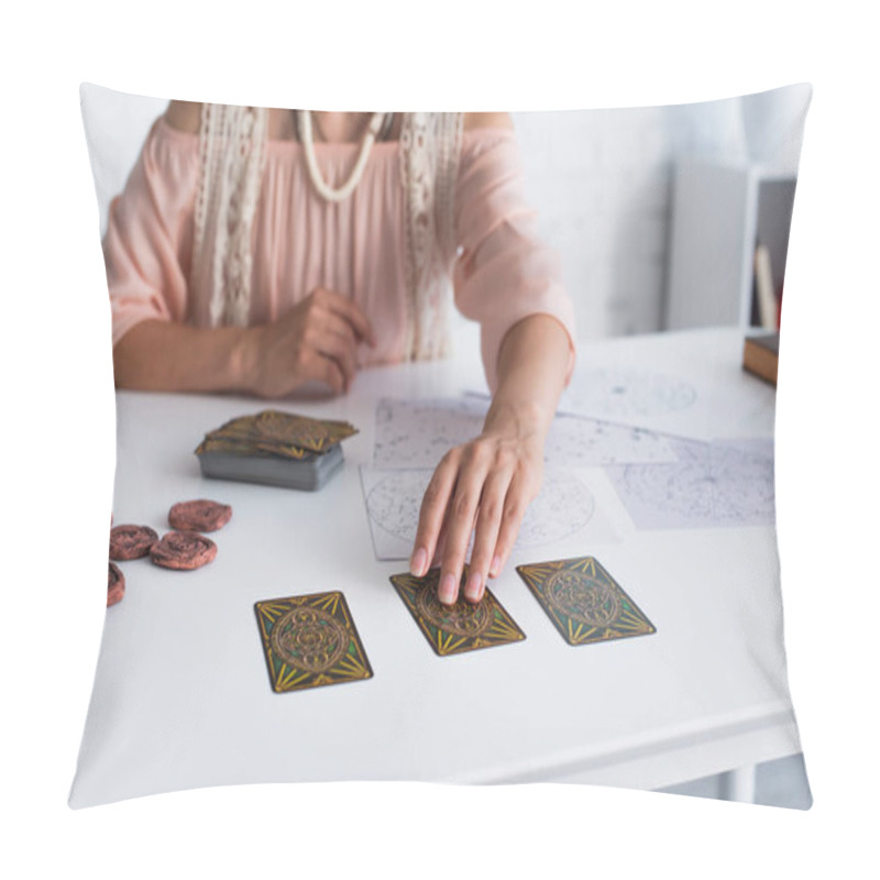 Personality  KYIV, UKRAINE - JUNE 29, 2022: Cropped View Of Blurred Astrologist Taking Tarot Card Near Natal Charts  And Clay Runes Pillow Covers